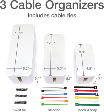 Oxford Cable Management Boxes, 3 Pack, Small, Medium, Large, 15 Cable Ties (Hook & Loop, Silicone,Twist Ties), Power Strip Organizer, White (27800)