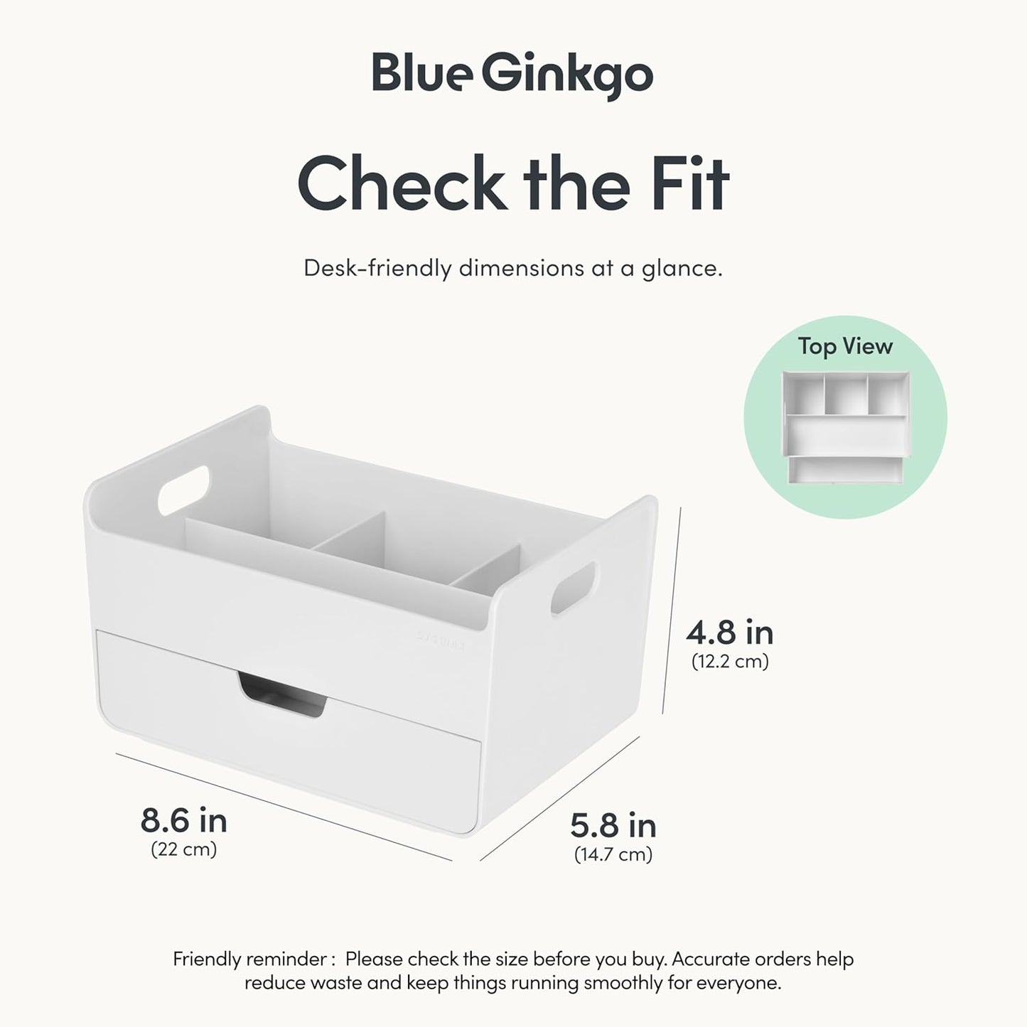 BLUE GINKGO Compact Desk Organizer – Small 5-Compartment, Half Drawer Storage – Pen Holder, Stationery Organizer for Desktop, Vanity, Shelf (Made in Korea, Green)
