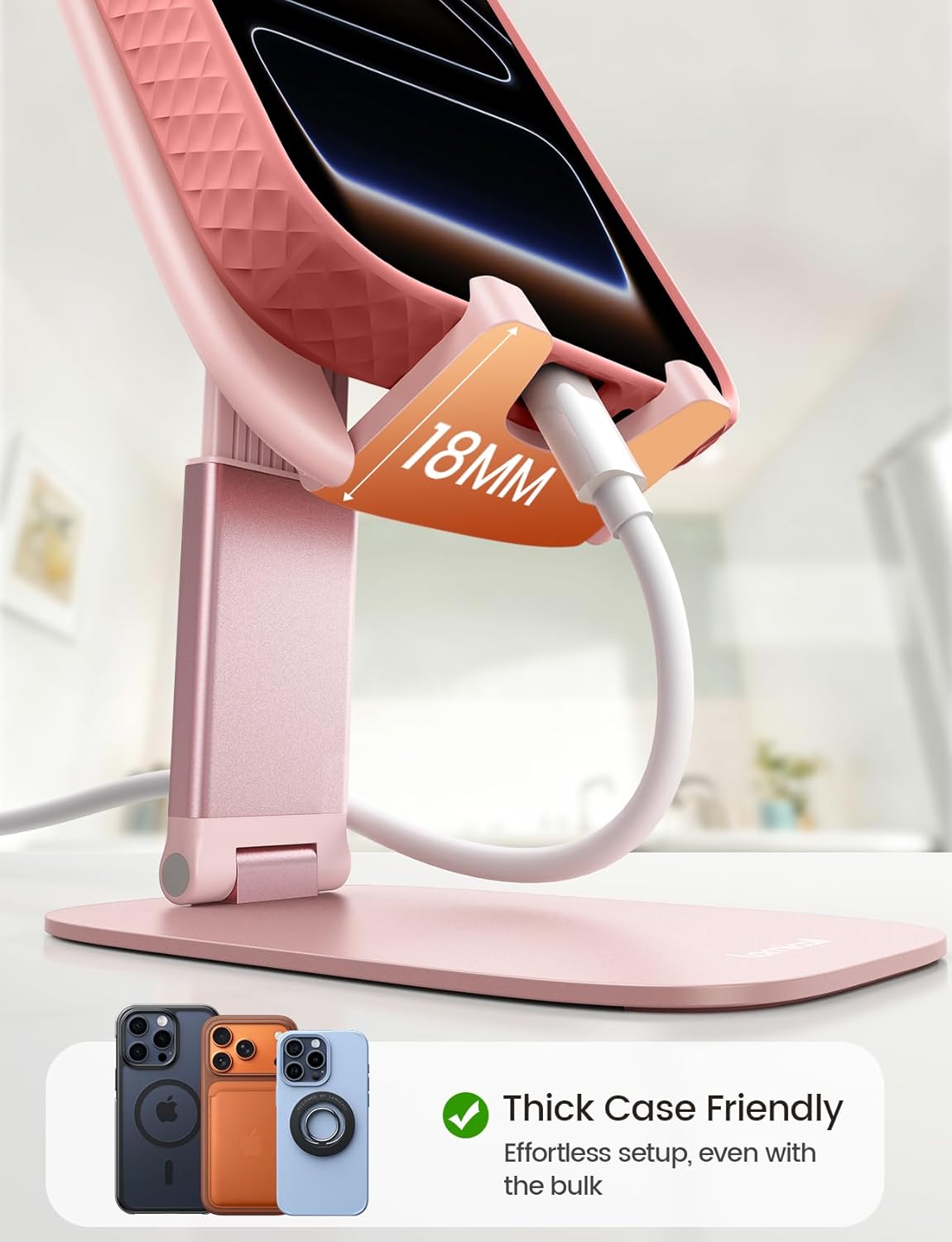 Lamicall Foldable Cell Phone Stand for Desk - [Ultra Thin] Portable Travel Holder, Height Adjustable, Weighted Metal Base, Thick Case Friendly for iPhone 17 16 15 Pro Max, Galaxy S26, Gift Mothers Day