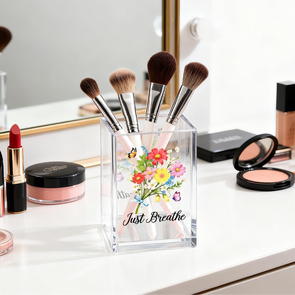 Just Breathe Acrylic Cosmetic Organizer Pen Holder, Anxiety Relaxing Acrylic Desk Holder Cup for Pen Pencil, Dandelion Desk Organizer, Mental Health Office Gifts for Coworker Leader Friend