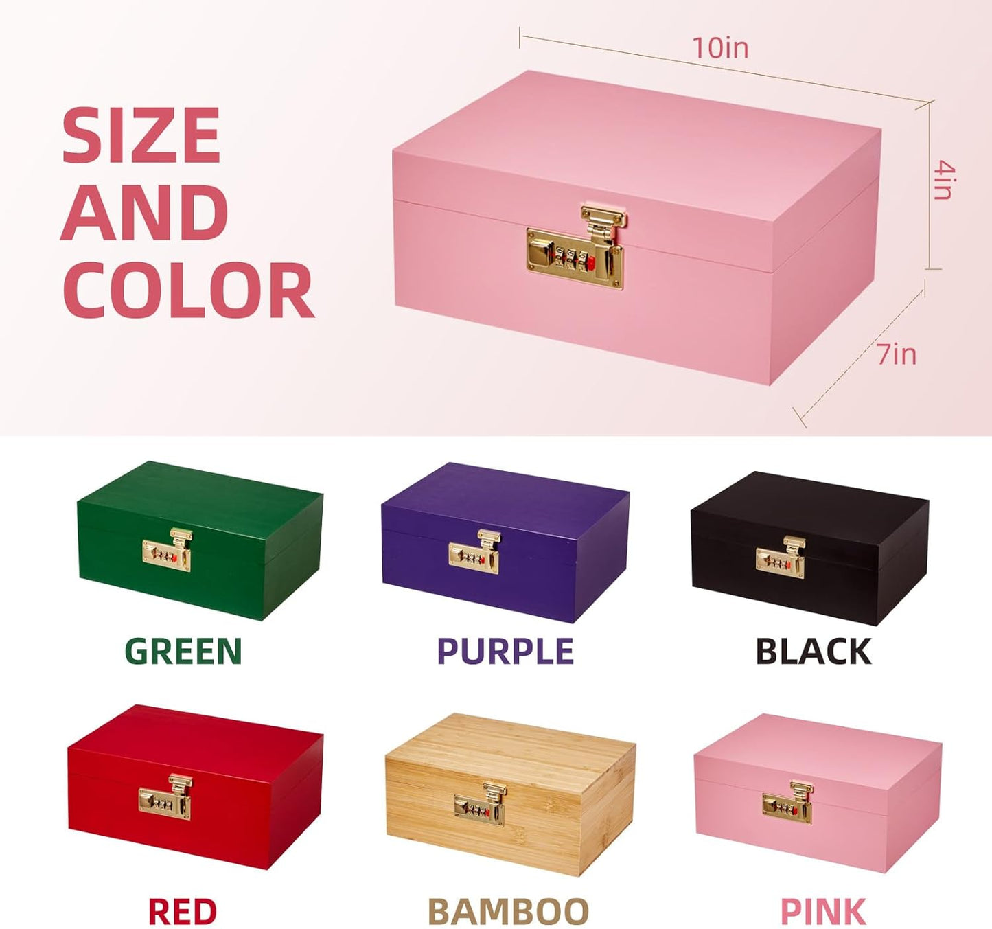 Bamboo Wood Desktop Organizer with 3 Glass Jars and Sliding Tray - Red Multi-Compartment Storage Case for Craft Supplies, Stationery, and Small Accessories (Pink)
