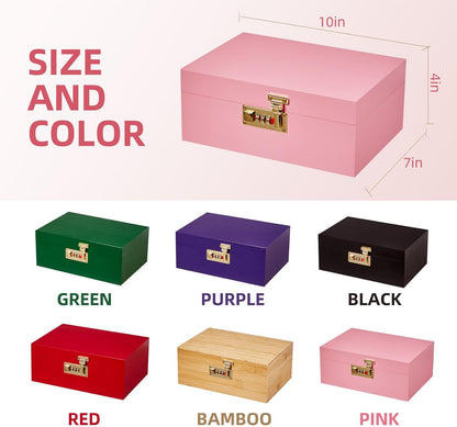 Bamboo Wood Desktop Organizer with 3 Glass Jars and Sliding Tray - Red Multi-Compartment Storage Case for Craft Supplies, Stationery, and Small Accessories (Pink)