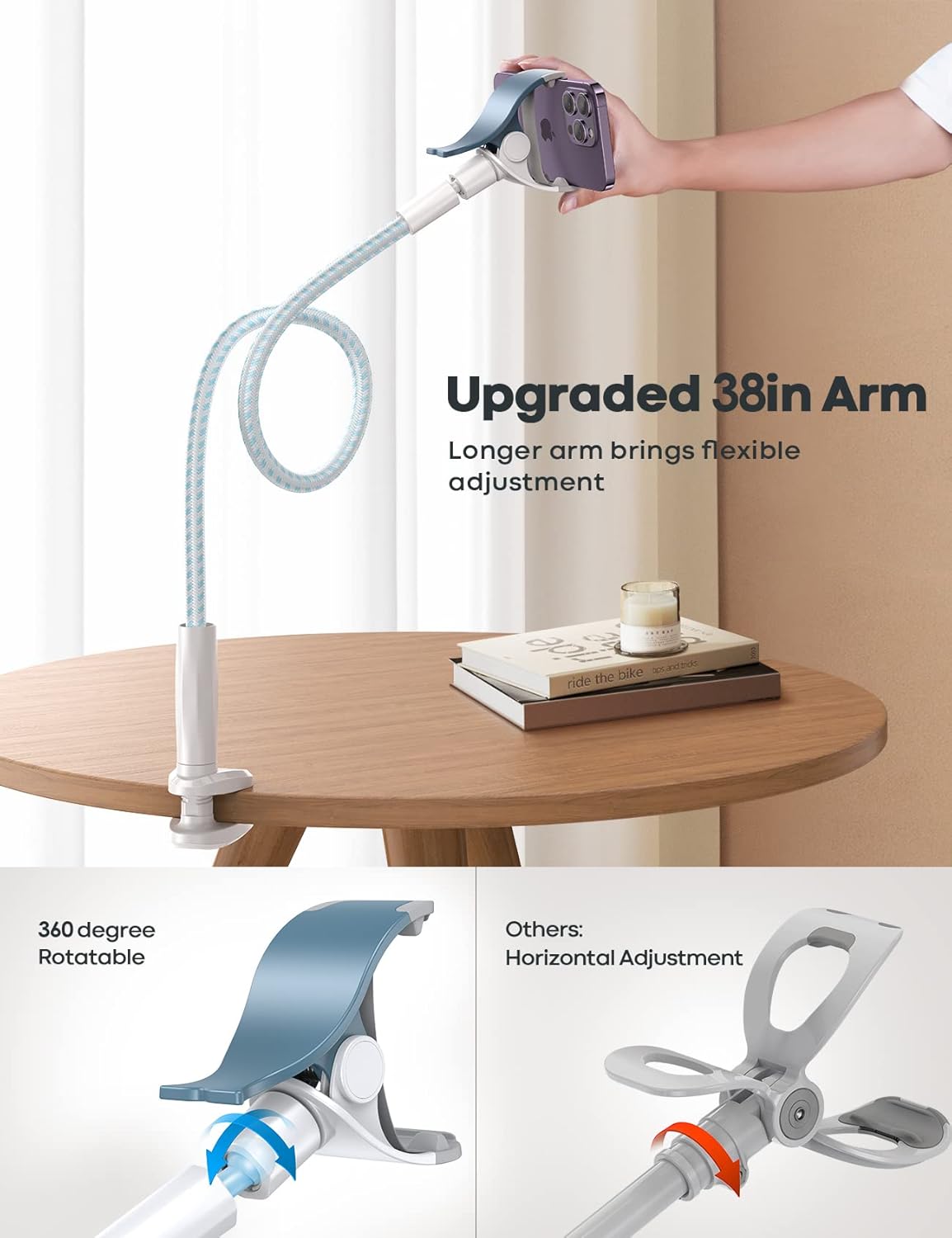 Lamicall Gooseneck Phone Holder Bed - [Nylon Braided] Flexible Arm, 38inch Overall Length, 360 Adjustable Clamp Clip, Overhead Cell Phone Mount Stand for Bed, Desk, 4-7” Cellphone, Gifts