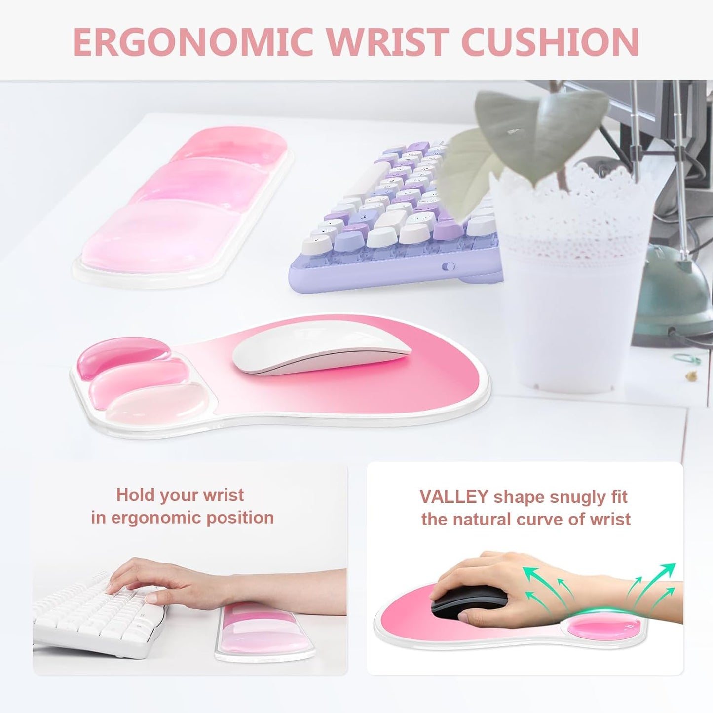 AKIT Ergonomic Mouse Pad with Wrist Rest& Keyboard Wrist Rest, Wrist Rest for Computer Keyboard, Pain Relief, Non-Slip Gel Base, Mousepad Wrist Support for Gaming, Office, Waterdrop Shaped Pink