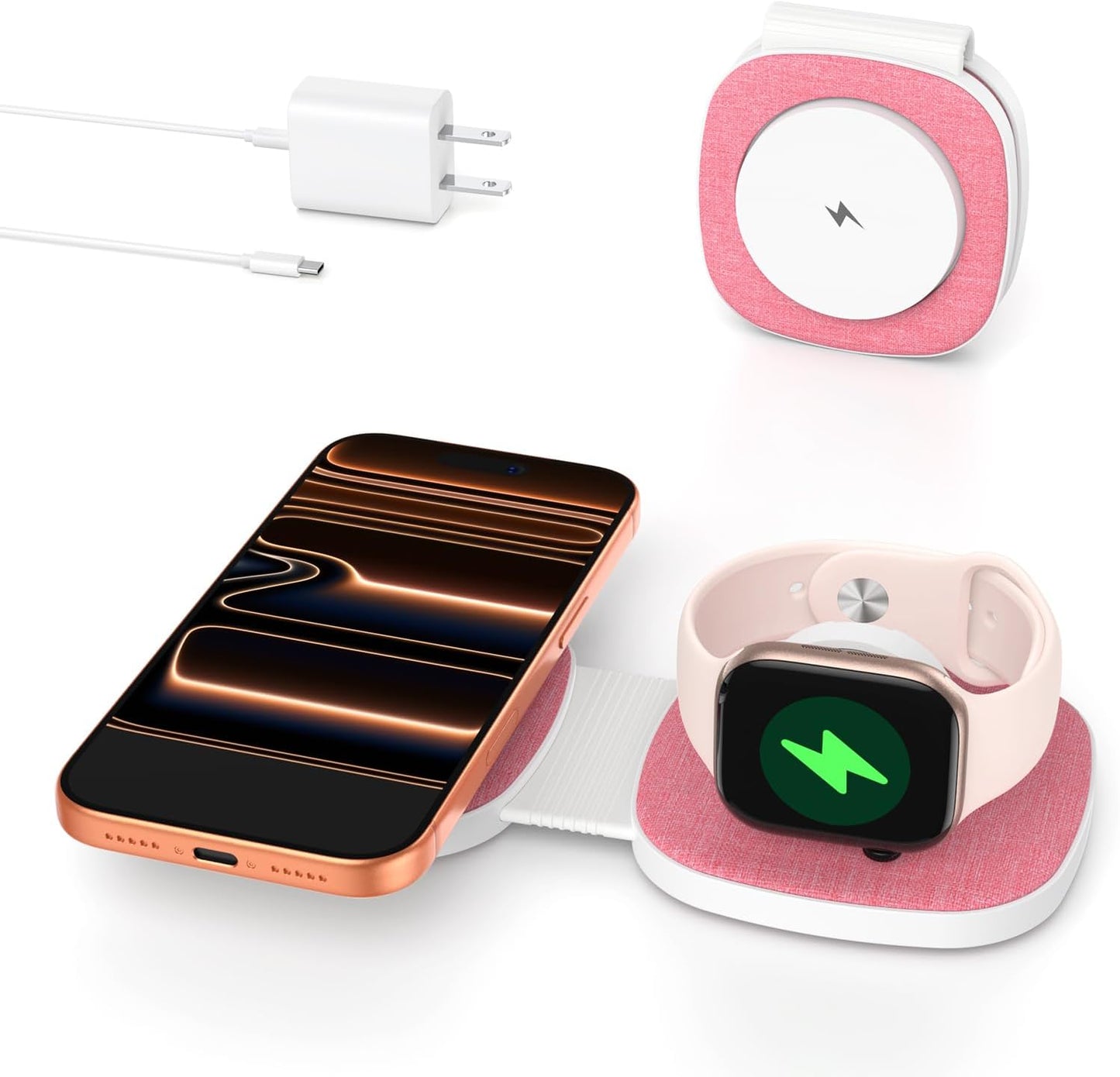 Charging Station for Apple Multiple Devices：2 in 1 Foldable Wireless Charger for Magnetic Wireless Charger Station Travel Charging Pad for Apple iPhone 17 16 15 14 13 12 Series& Apple Watch& Airpods