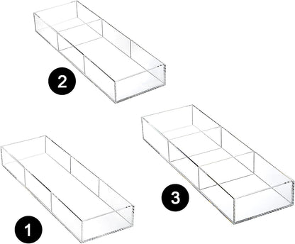 Peohud 2 Pack Acrylic Drawer Organizer Tray, 6/3 Section Clear Makeup Tray Organizer for Drawer, Junk Drawer Storage for Office Desk Supplies and Accessories