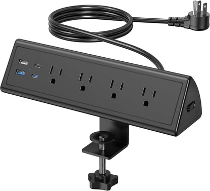 Jgstkcity Desk Clamp Power Strip,20W Fast Charging Station,Surge Protector Nightstand Edge Mount,1875W Extension Cord with Multiple Outlets,2 USB-C,2 USB-A,for Home Office (Black, 6 FT)