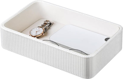 PU Leather Valet Tray Organizer, Small Nightstand Organizer Bedside Desktop Storage for Womens and Men, Perfume Trinket Catchall Vanity Tray for Key Watch Wallet (Beige, Rectangular)