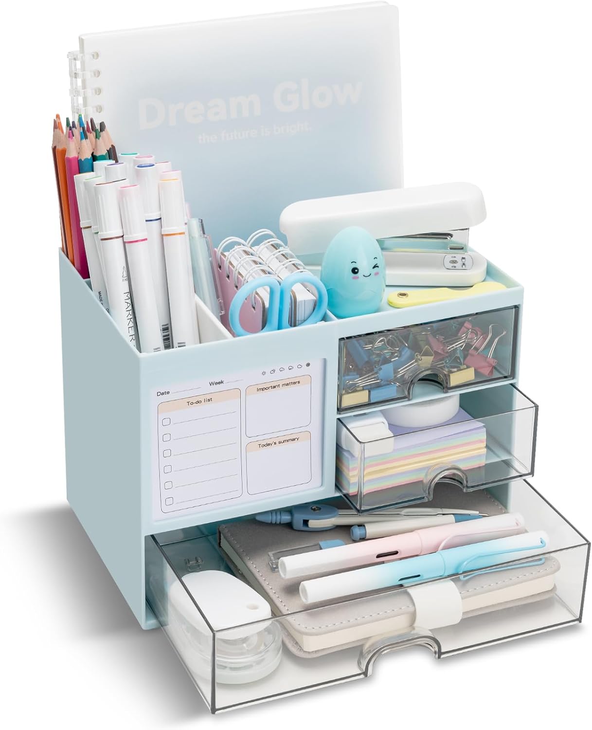 QIYVLOS Desk Organizer with 3 Drawer, Multi-Functional Pencil Pen Holder for Desk, Desk Organizers and Storage with 8 Compartments, Desktop Organizer for Office Home Art Supplies (White)