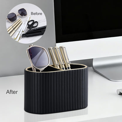 KINGFOM PU Leather Desk Organizer Pen Holder – Dual-Compartment Stylish Pencil Cup Remote Control Holder Desktop Supplies and Accessories Organizer Caddy for Office Home School (Light Beige)