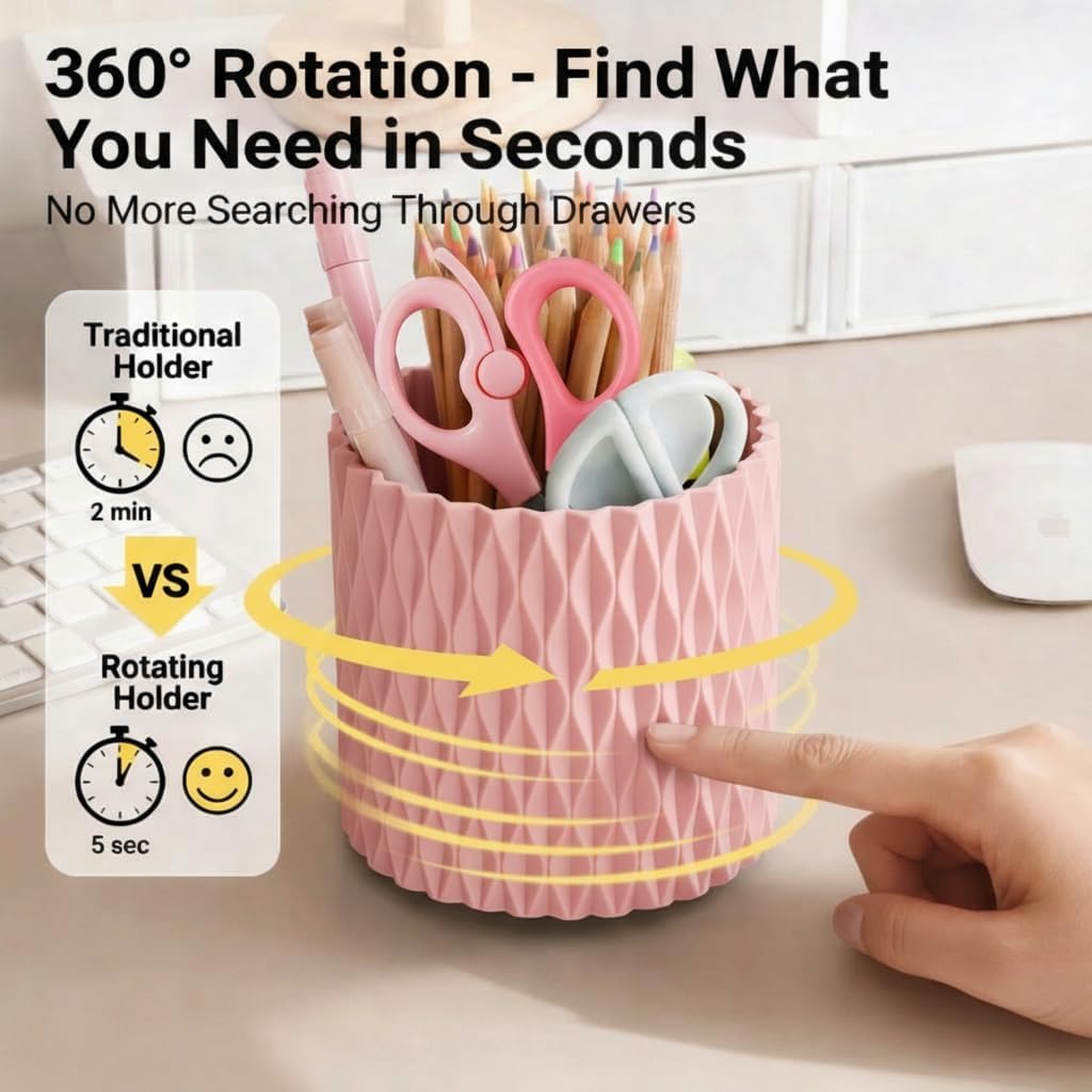Black Pen Holder for Desk, 360° Rotating Pen Organizer with 5 Slots - Spinning Pencil Holder & Pencil Cup for Office, Art Supply, Makeup Brush - Desk Organizer for Home, School