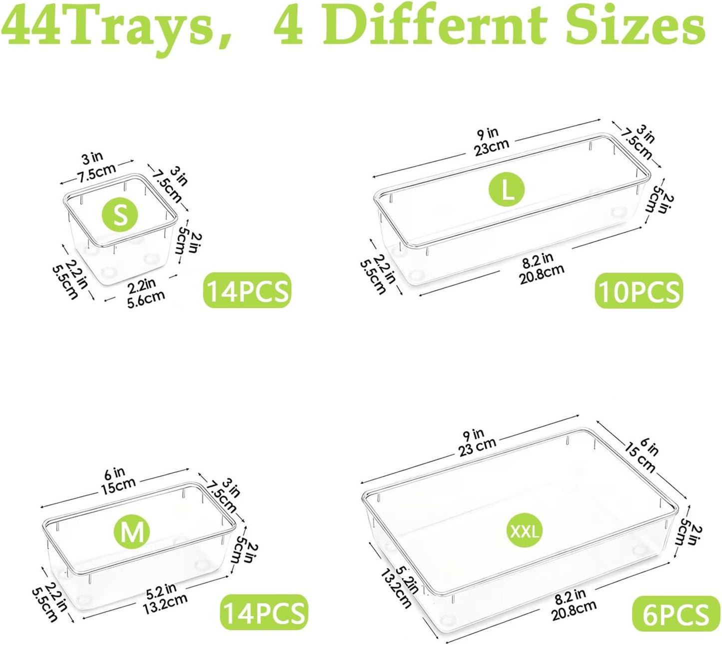 Clear Acrylic Drawer Organizer Trays, 5 Size Junk Box Organization Small Storage Container Bin for Desk Makeup Bathroom Vanity Kitchen Tool Make Up Workspace Home Dorm Apartment Office Room Nightstand