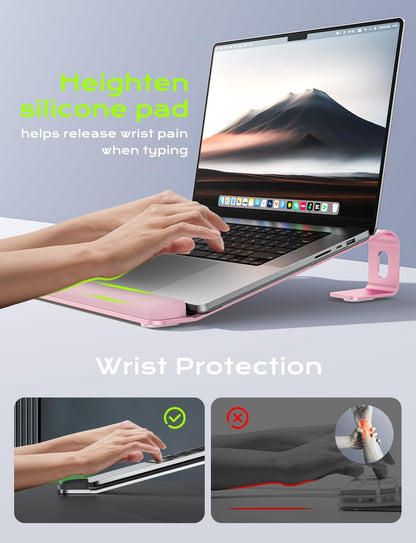 JCZT Aluminum Laptop Stand, Notebook Stand with Wrist Rest, Ergonomic Detachable Laptop Mount, Computer Stand Compatible with 10-17'' All Laptops Such as MacBook Air Pro/HP/Dell/Lenovo, Gold