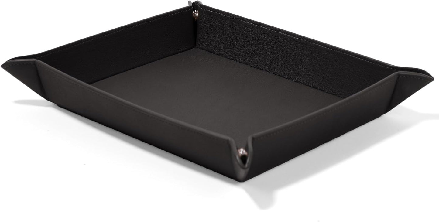 Leatherology Black Onyx Rectangle Valet Tray – Travel-Friendly Catchall Organizer with Snap Corners, Stitched Edge Detail & Gift Box – Desk Tray for Keys, Wallet, Watch & Accessories