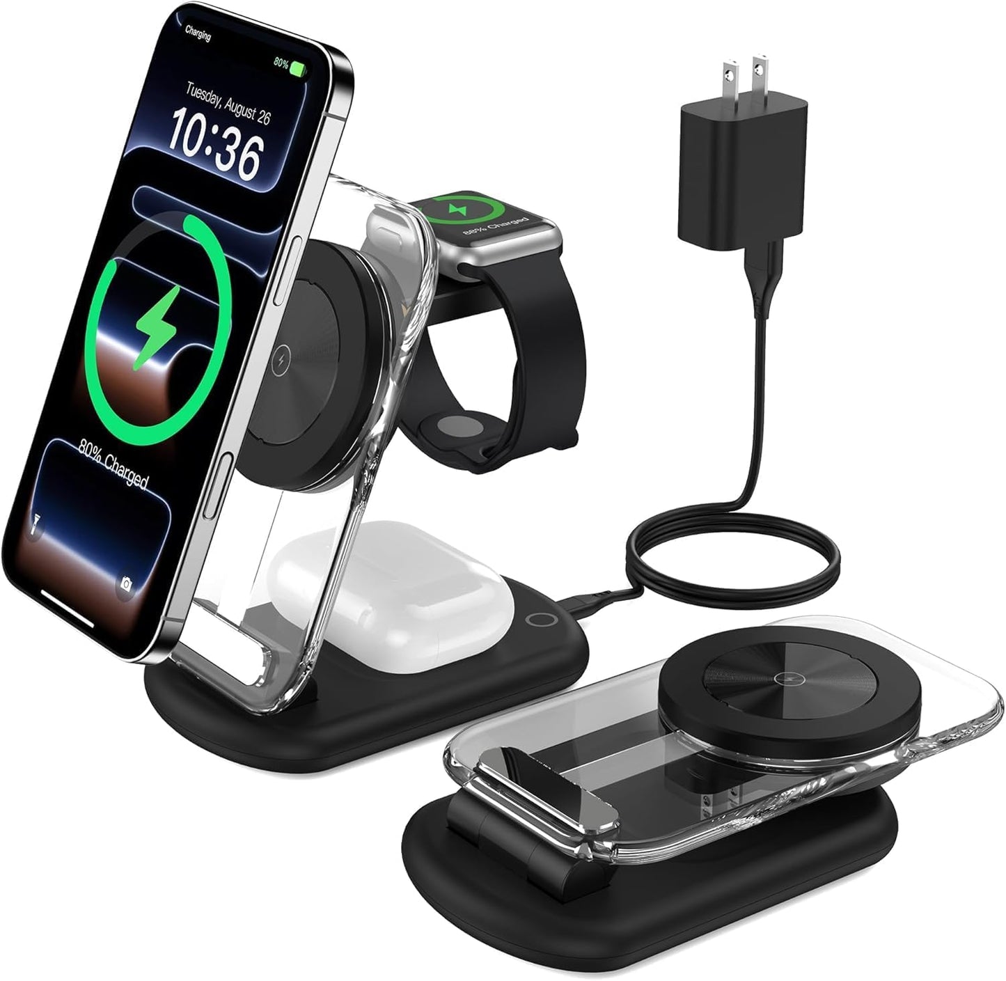 3 in 1 Magnetic Wireless Charging Station for Apple Devices, Fast Foldable Travel Mag-Safe Charger Stand with Night Light for iPhone 17 16 15 14 13 12 Series, Apple Watch/AirPods Pro, BU