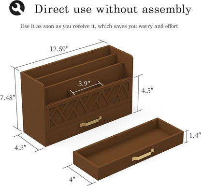 WISUCART Bamboo Desk Organizer Mail Holder Countertop Wood Desk Drawer Tabletop Storage Box Pen Holder Letter Sorter Makeup Organizer for School Home Office Supplies with Pen Holder White