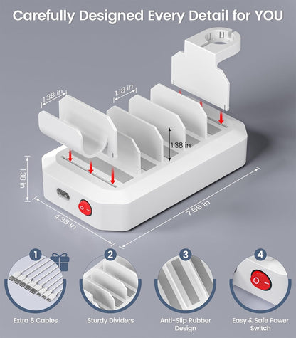 95W Fast Charging Station for Multiple Devices【UL & FCC Tested Safer Charging】 6-Port USB Charging Dock with 2 PD-Port, Compatible with iPhone/Android/MacBook/iPad/Tablet/Kindle(8 Cables Included)