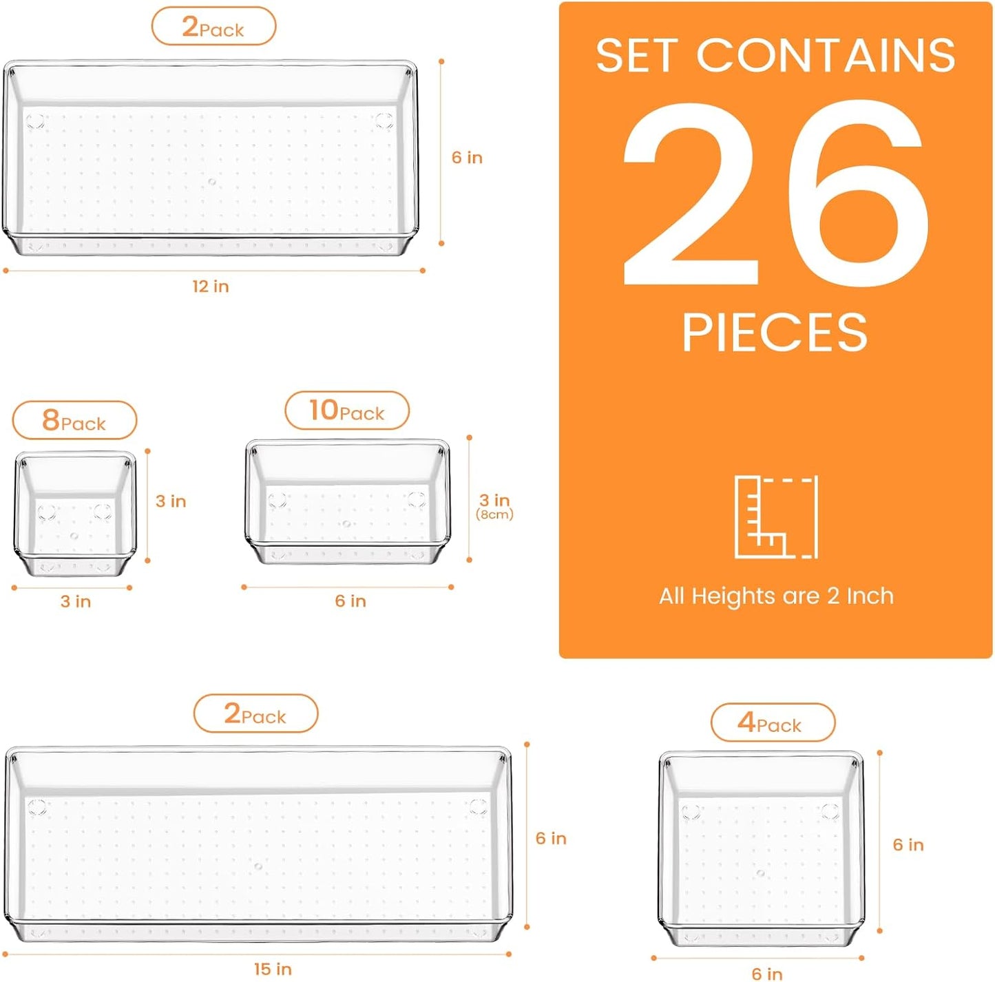 Criusia Drawer Organizer, 10 Pack Large Clear Plastic Set, 3 Size Versatile Bathroom and Vanity Organizer Trays, Storage Bins for Makeup, Bedroom, Kitchen Utensils