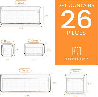 Criusia Drawer Organizer, 10 Pack Large Clear Plastic Set, 3 Size Versatile Bathroom and Vanity Organizer Trays, Storage Bins for Makeup, Bedroom, Kitchen Utensils