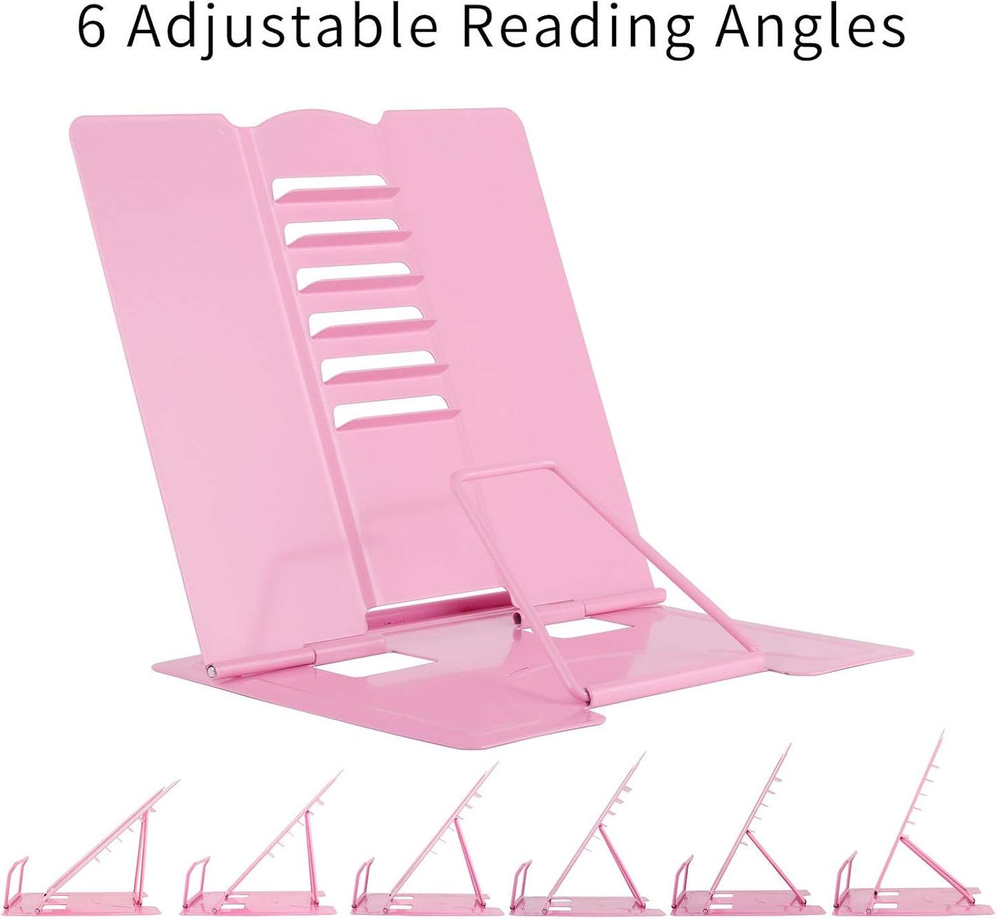 Blizzow Desk Book Stand Holder - Hands Free, Adjustable Metal Stand, Foldable Portable Bookstand - Cookbook, Recipe, Tablet, Music, Documents (Pink)