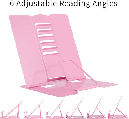 Blizzow Desk Book Stand Holder - Hands Free, Adjustable Metal Stand, Foldable Portable Bookstand - Cookbook, Recipe, Tablet, Music, Documents (Pink)