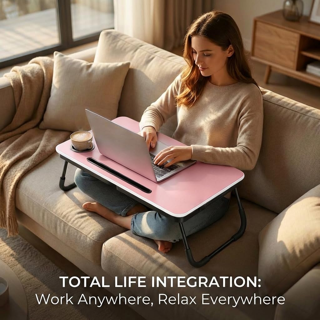 BUYIFY Foldable Laptop Bed Desk for Couch, Sofa - Large Lap Desk Tray Table with Cup Holder and Tablet Slot - Portable Notebook Stand for Eating, Writing, Studying and WFH -NEW-006