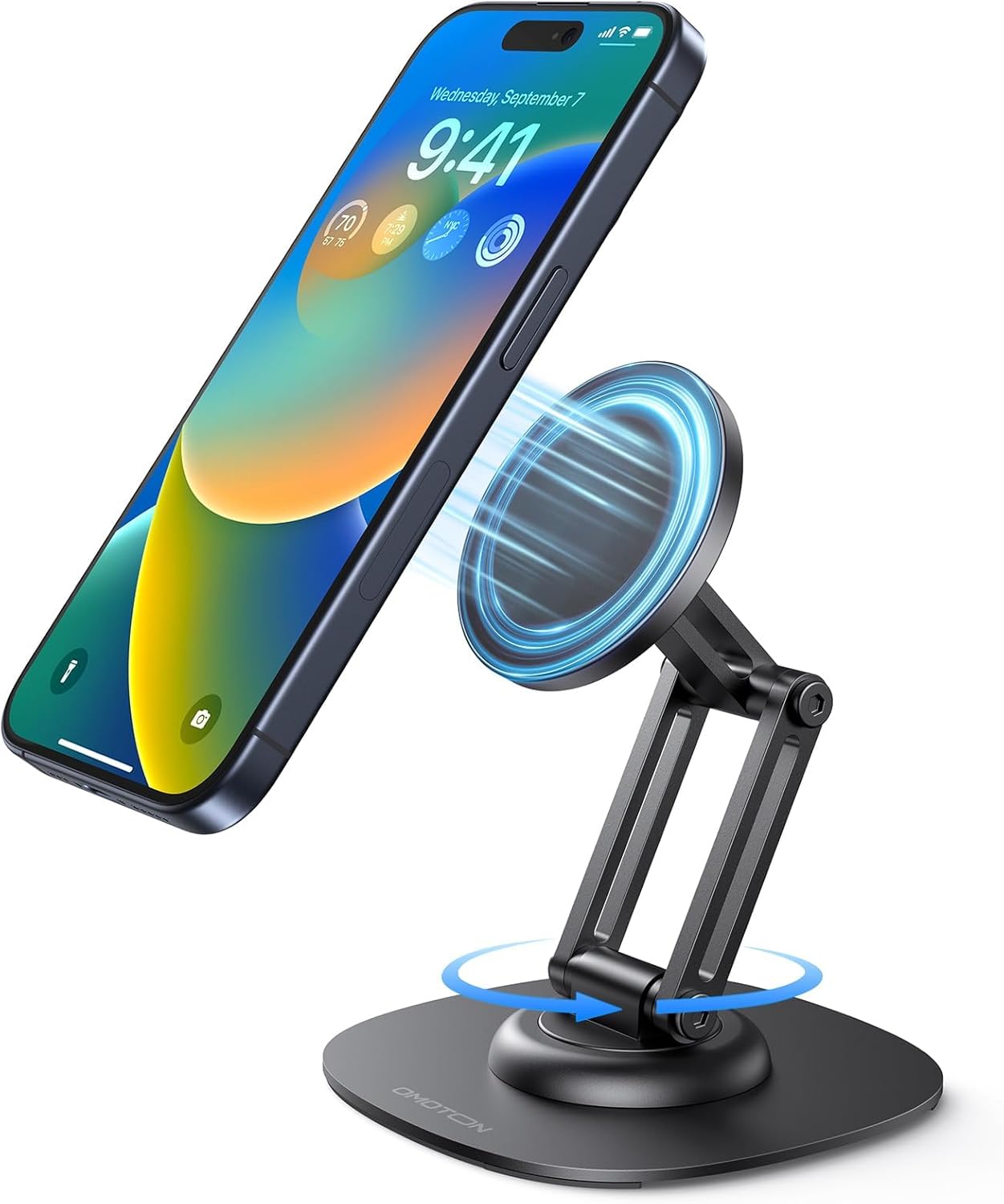 OMOTON 360°Rotating MS04 Magnetic Phone Stand for Desk, Adjustable Foldable Aluminum for MagSafe Cell Phone Stand Holder with Non-Slip Base, for iPhone 17/16/15/14 Pro Max Air, Black