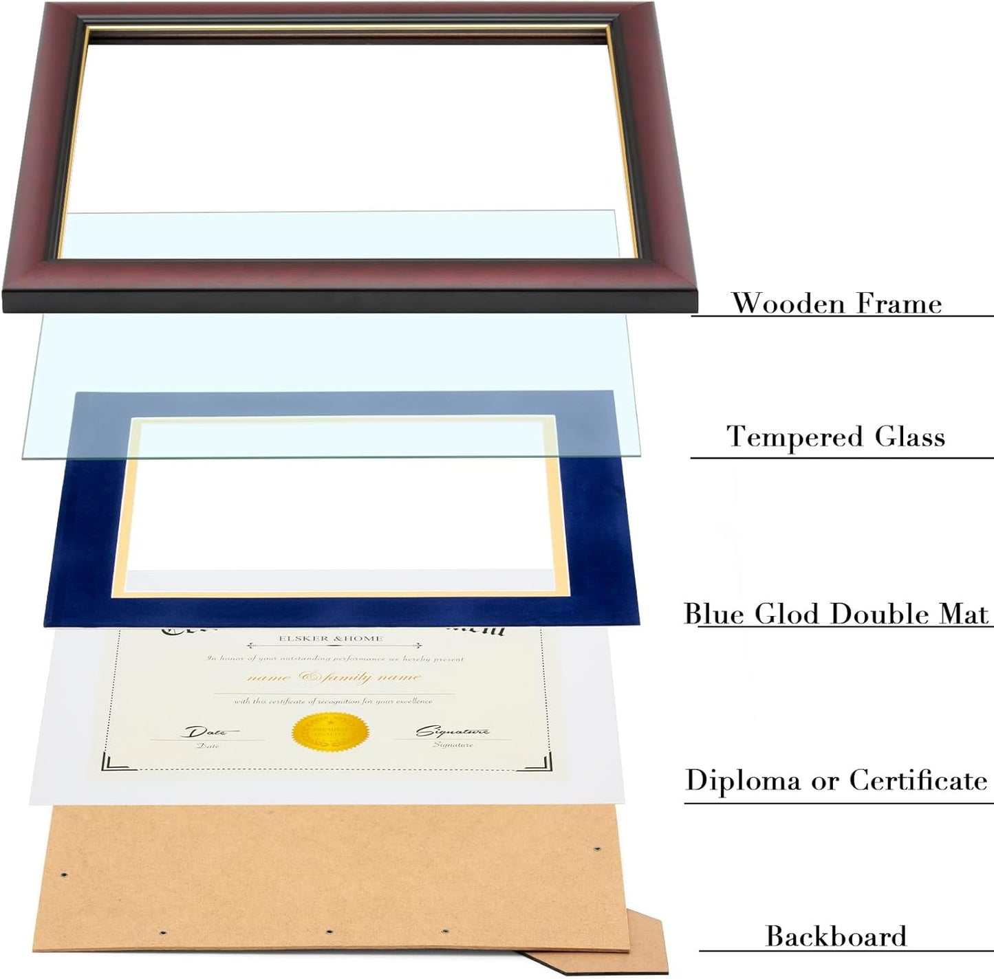 ELSKER&HOME Diploma Frame - Wide Solid Wood Frame - Black Velvet Golden Rim Mat - Semi-Tempered Glass - Includes Hanging Hardware and Desktop Easel(ONLY Display 11×14 Document/Certificate)