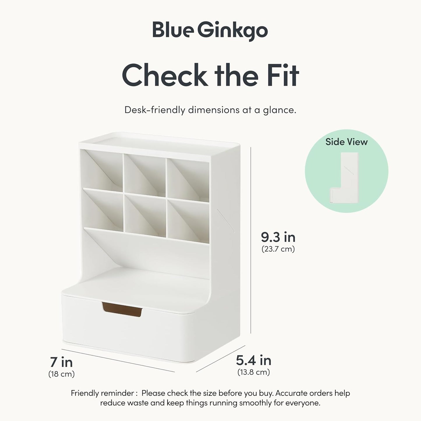 BLUE GINKGO Compact Desk Organizer – Small 5-Compartment, Half Drawer Storage – Pen Holder, Stationery Organizer for Desktop, Vanity, Shelf (Made in Korea, Green)