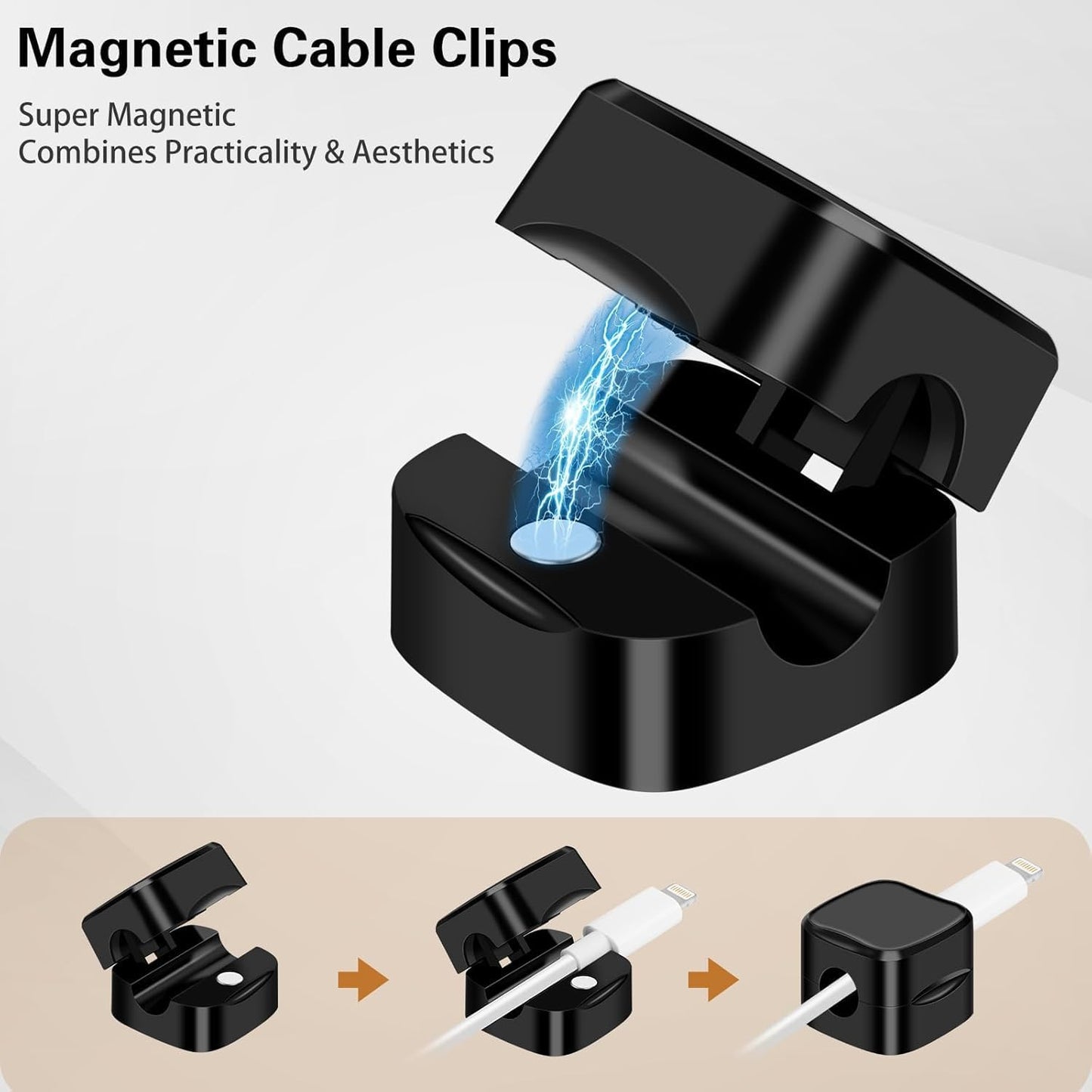 8 Pack Magnetic Cable Clips, Cord Organizer for Desk, Grizzly Supply Under Desk Cable Management, Strong Adhesive Wire Holder for Home Office Phone Car Wall Desktop Nightstand (Black)