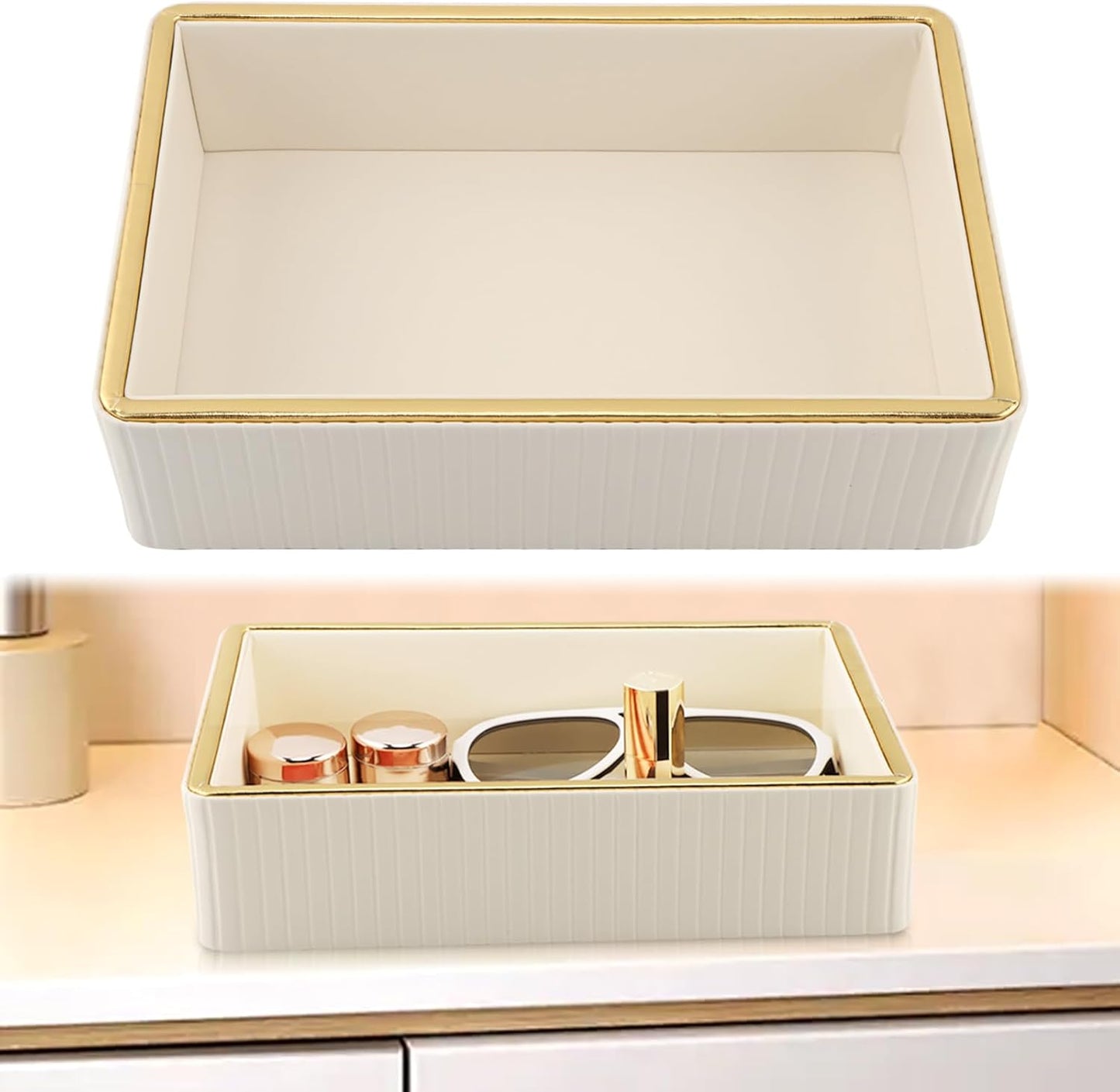 PU Leather Valet Tray,Desk Organizer Tray Nightstand Organizer Trinket Dish Storage Key Bowl Decorative Trays for Phone Wallet Jewelry Watch,Bathroom Bedroom Perfume Vanity Trays