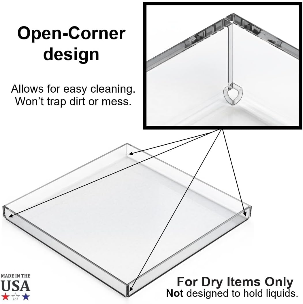 Clear Acrylic Organizer Tray, 12 x 12 Low-Profile Display & Vanity Tray – BPA-Free, Bathroom, Desk, Decor & Serving (Dry Use Only) - Made in USA