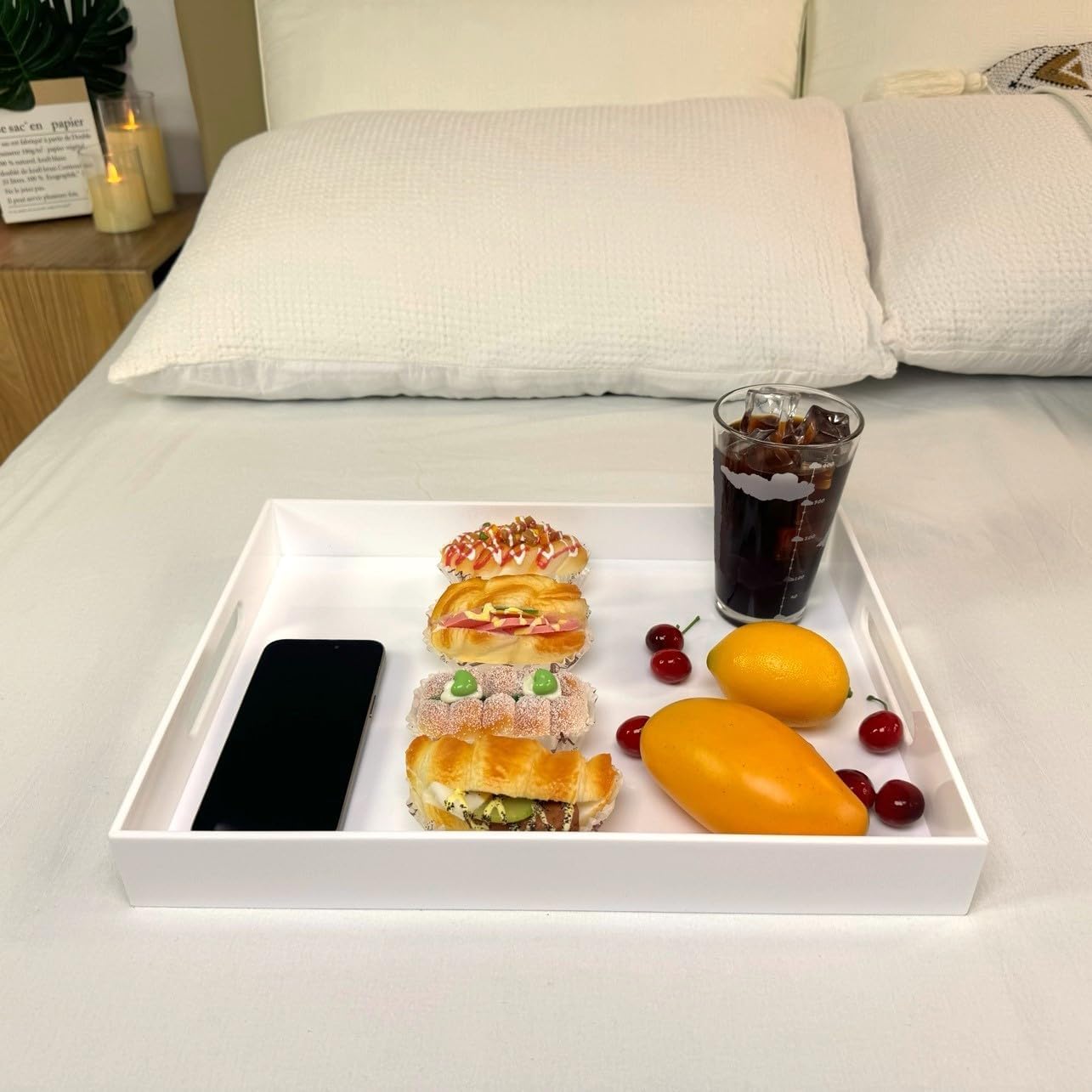 KEVLANG Clear Sturdy Acrylic Serving Tray with Handles-12x16Inch-Serving Coffee,Appetizer,Breakfast,Butler-Kitchen Countertop -Makeup Drawer Organizer-Vanity Table -Ottoman