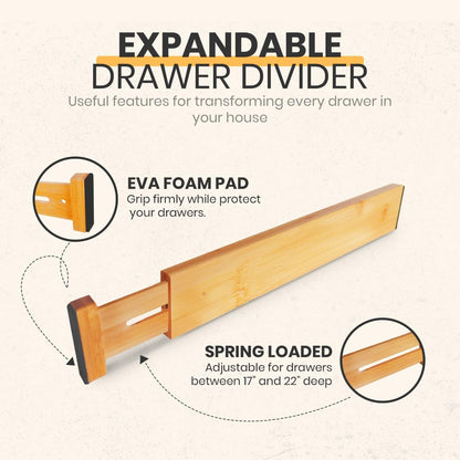 Adjustable Bamboo Drawer Dividers, Drawer Organizer for Kitchen, Bedroom, Bathroom, Office Desk, Dresser Nursery & Silverware, Natural Wooden Separators with Soft Foam Ends, Expandable