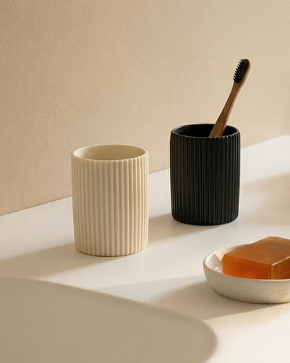 Ceramic Pen Holder for Desk, Ribbed Makeup Brush Organizer, Aesthetic Pencil Cup, Minimalist Desk Organizer, Office, Vanity, Aesthetic Desk Accessories