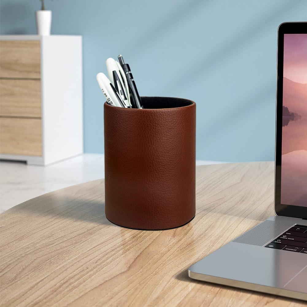 Leather Pen Holder, Brown Pencil Holder, Desktop Elegant Pen Holder for Desk, Stationery Organizer for School Office Home Dorm (3.3" x 3.3" x 4", Brown)