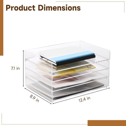 4-Tier Acrylic Desk Organizer, 12.4 x 8.9 x 7.1 in Stackable A4 File Document Tray with Track, Transparent Desktop Storage Holder for Office Supplies, Books and Notes