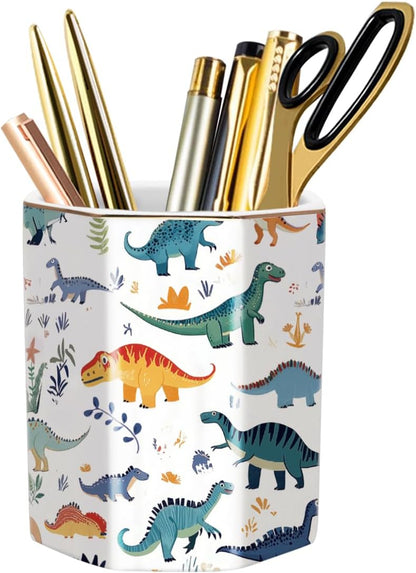 WAVEYU Ceramic Pen Holder for Desk Cute, Pencil Cup Pot Desk Organizer, Makeup Brush Holder for Women, Men, Kids, Desk Marble Decor for Office, Classroom, Home, Gray Golden