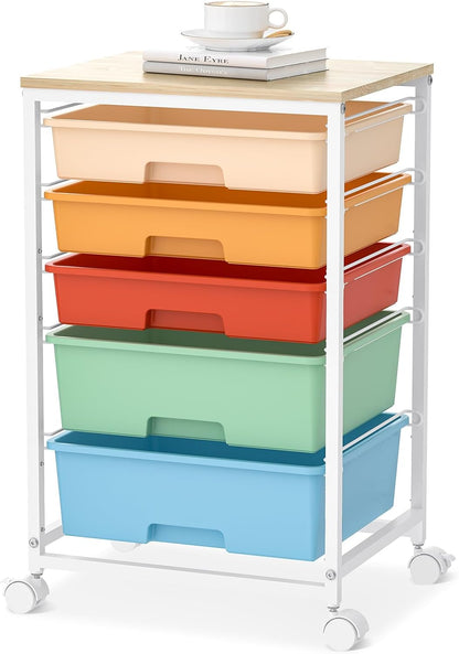 SYKIARIOL Utility Cart with 5 Drawers,Storage Cart with Wooden Tabletop and Lockable Wheels,Craft Storage Trolley Organizer,5-Tier Rolling Utility on Wheels,Light Green