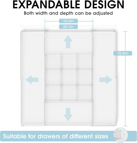 MIUOPUR Expandable Drawer Organizer, Width (10.6"-20.1") Depth (11"-20.1"), Clear Makeup Drawer Organizer with 6 Removable Dividers, Silverware Organizer, Great for kitchen and Bathroom Drawers