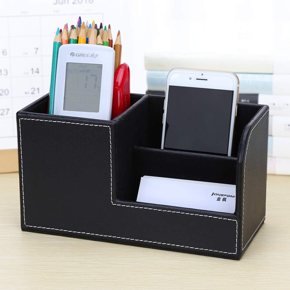 KINGFOM Desk Organizer Office Supplies Caddy Pu Leather Multi-function Storage Box Pen/Pencil,Cell phone, Business Name Cards Remote Control Holder with Small Drawer Black