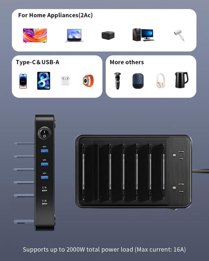 85W Charging Station for Multiple Devices,7 Port USB Charger Stations with 2 AC, 2 USB C, 3 USB A,Family Multi-Device Organizer Charging Dock -Designed for iPhone iPad Android Cell Phone Tablet,Black