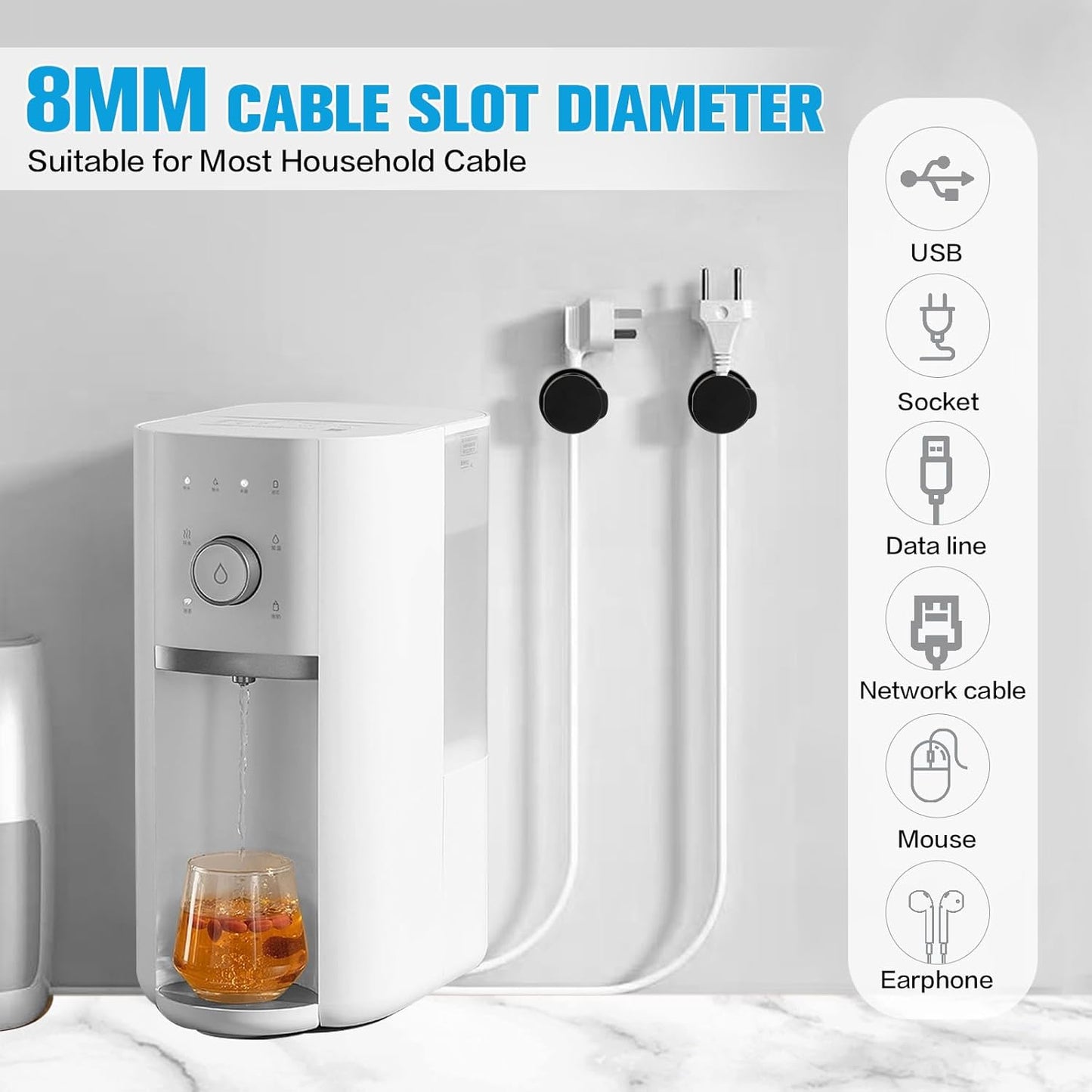 6PC Cord Organizer Holder, 360° Rotatable Spring Cable Clips, Strong Adhesive Cable Management Desk Accessories, Adjustable Wire Organizer Hide Cords Neatly for Nightstand, Home, Kitchen, Office, Rv