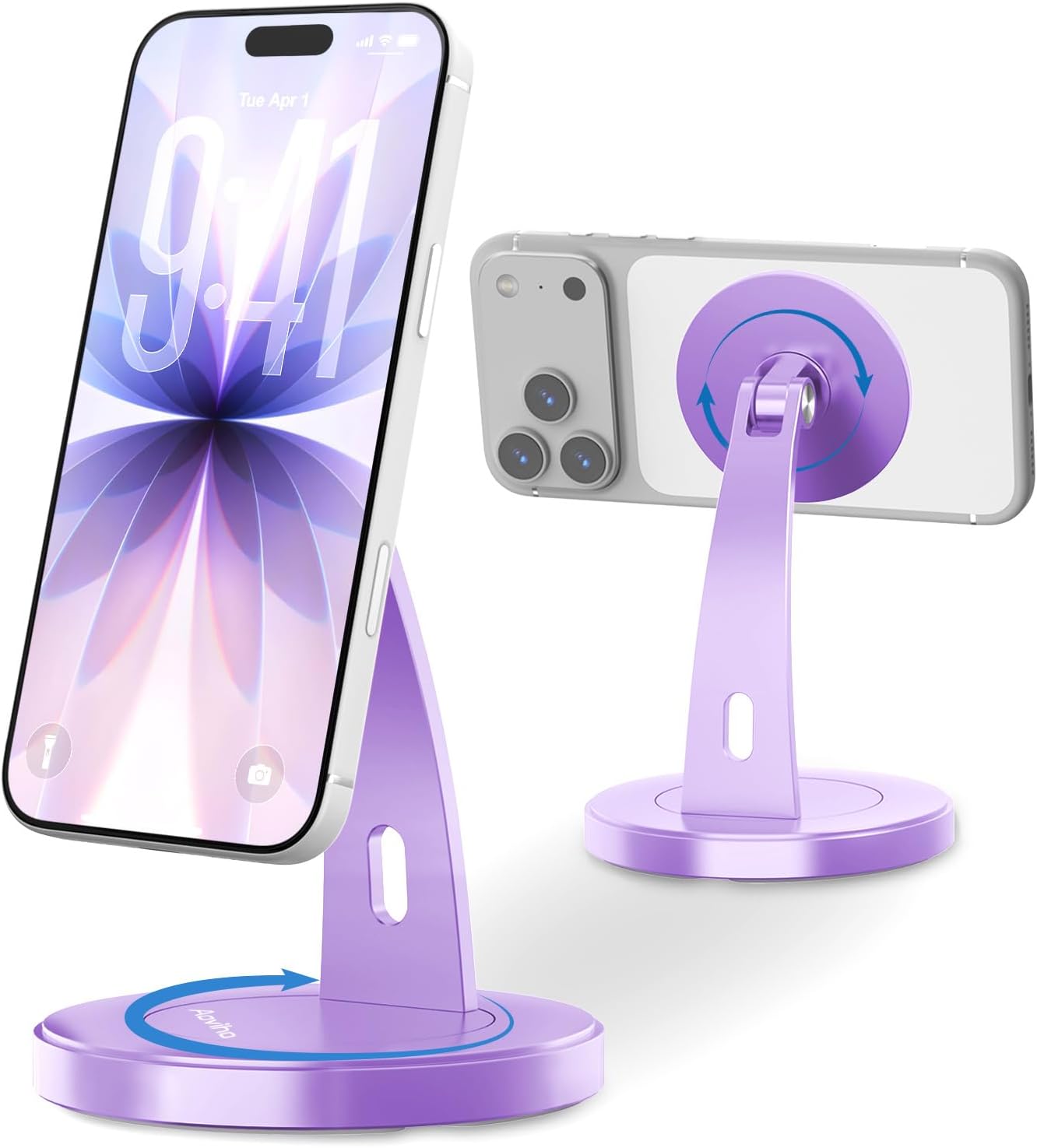 Aoviho Magnetic Phone Stand for Desk – 360° Rotating Aluminum Phone Holder, Stable Desk Stand for Office, Home & Kitchen, Compatible with iPhone 17 Pro Max 16–12 Series and MagSafe Cases, Purple