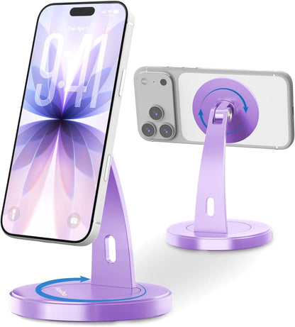 Aoviho Magnetic Phone Stand for Desk – 360° Rotating Aluminum Phone Holder, Stable Desk Stand for Office, Home & Kitchen, Compatible with iPhone 17 Pro Max 16–12 Series and MagSafe Cases, Purple