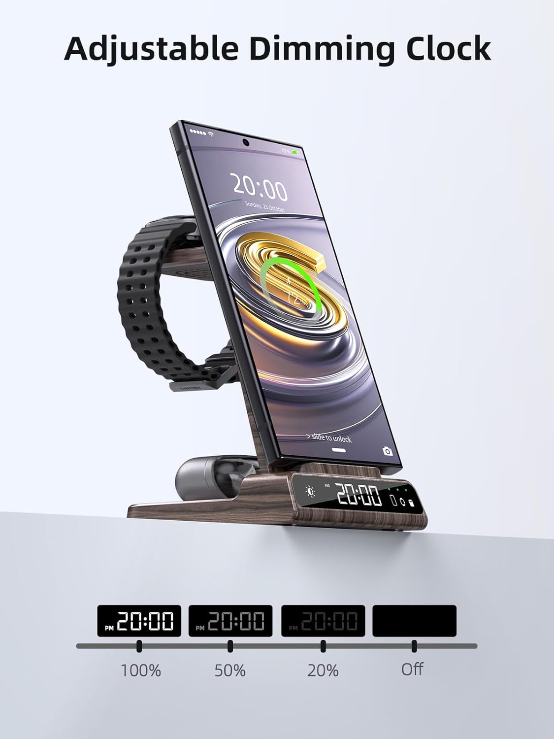 Wireless Charger for Samsung Charging Station: 3 in 1 Android Charging Stand with Dimmable Clock - Nightstand Organizer for Galaxy S25 Ultra, Galaxy Watch 8 7 6 5 4, Galaxy Buds, Space-Saving Charger