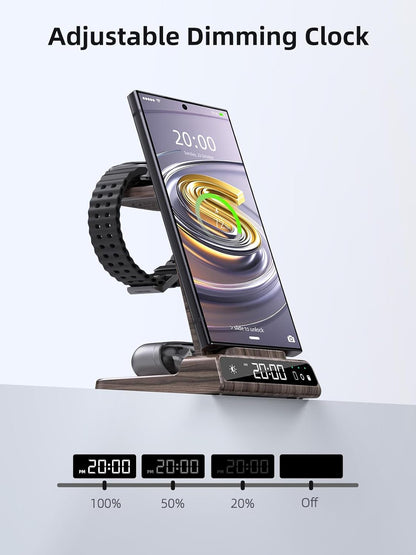 Wireless Charger for Samsung Charging Station: 3 in 1 Android Charging Stand with Dimmable Clock - Nightstand Organizer for Galaxy S25 Ultra, Galaxy Watch 8 7 6 5 4, Galaxy Buds, Space-Saving Charger