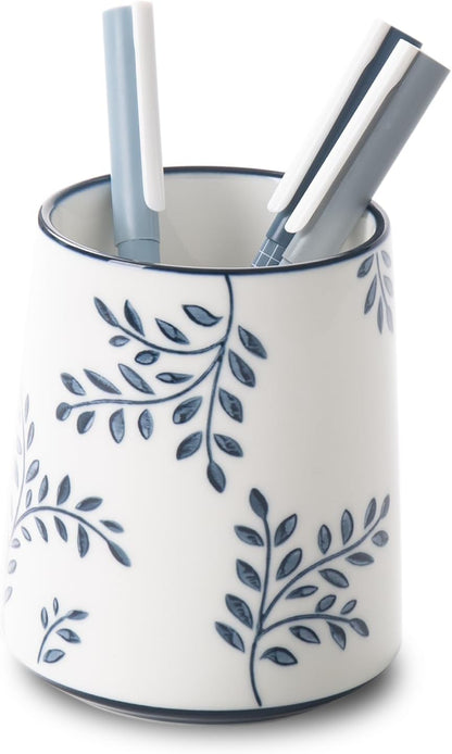 Pencil Holder for Desk, Ceramic Pen Holder, Blue and White Chinoiserie Desk Pen Organizer, Flowers and Branches
