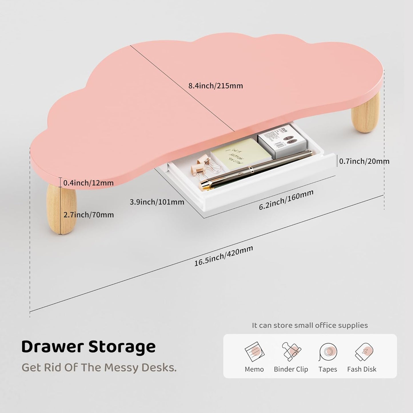AFOOYO Monitor Stand Riser,Cloud Shape Wood Computer Monitor Stand, 16.5IN Monitor Stand Riser, Multi-Purpose Desktop Organizer Riser for Computer,Laptop,Printer,TV,Pink
