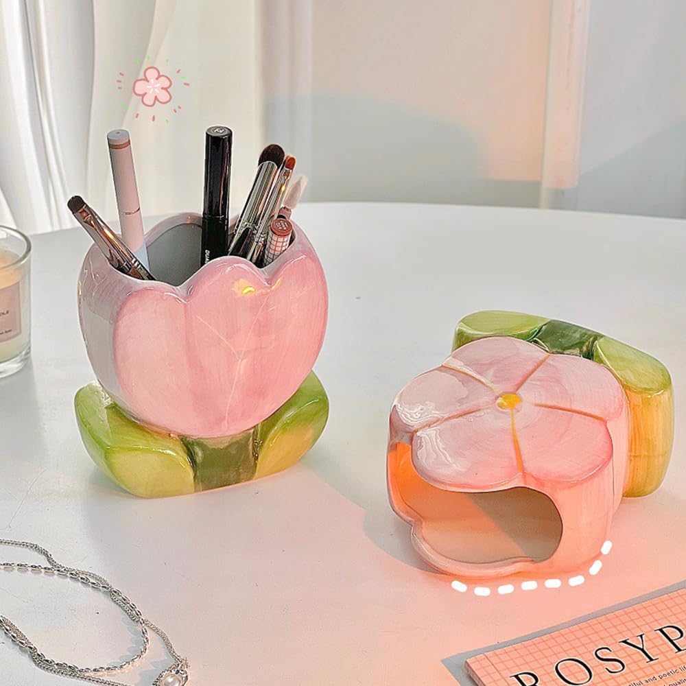 Ceramic Pen Holder for Office Desk, Pink Makeup Brush Holder, Cute Pencil Holder Tulips Home Decor Birthday Gifts for Women Vanity Toothbrush Holder Kawaii Kitchen Utensil Holder